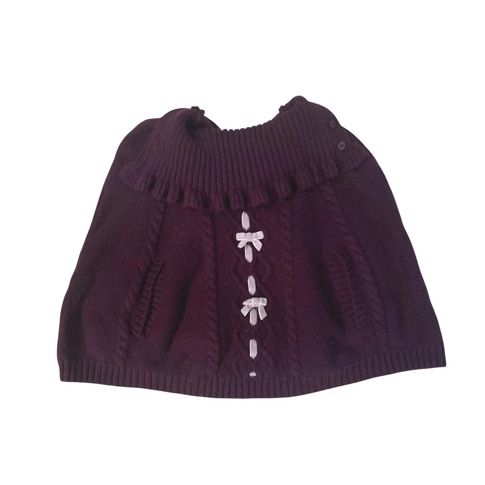 Janie and Jack Girls Purple Cable Knit Poncho Cape Satin Bows Ruffle‎ Collar 2T